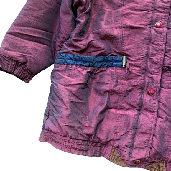 Vtg Be in the Current Seen Patchwork Snap Puffer Coat Jacket Burgundy Size Large - Picture 5 of 9